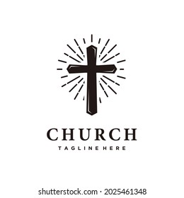 Church christian  cross and sunburst logo design icon vector
