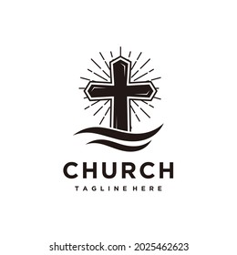 Church christian cross,sunburst and wave logo design icon vector