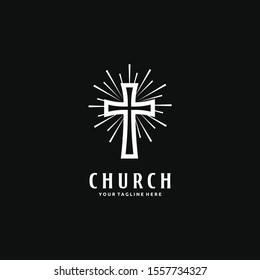 Church Christian logo design. Catholic cross and sunburst. Vector illustration