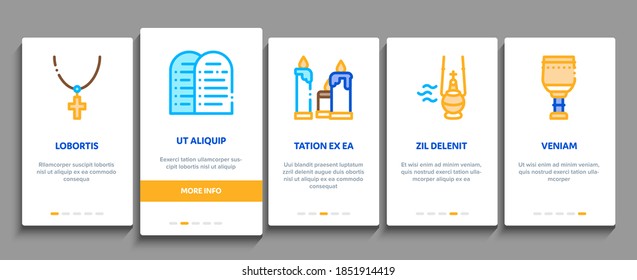 Church Christianity Onboarding Mobile App Page Screen Vector. Church Building And Interior, Christian Religion Bible And Cross, Candles And Bell Color Illustrations