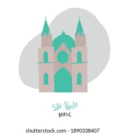 Catedral da Sé. Catedral Sé. Iglesia de la ciudad de São Paulo en Brasil. Calligrafía brasileña de letras a mano portuguesa. Vector.