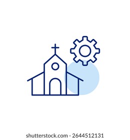 Church and cogwheel. Management, religious organization settings, community administration, faith-based system control, facility maintenance. Pixel perfect, editable stroke vector icon