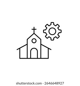 Igreja e roda dentada. Gerenciamento, configurações de organização religiosa, administração comunitária, controle de sistema baseado na fé, manutenção de instalações. Pixel perfeito, ícone de vetor de traçado editável