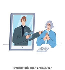 Church concept in flat style vector illustration. Man Priest support old woman online. Video streaming of church service during quarantine. Distance support, stay at home concept, coronavirus Covid-19