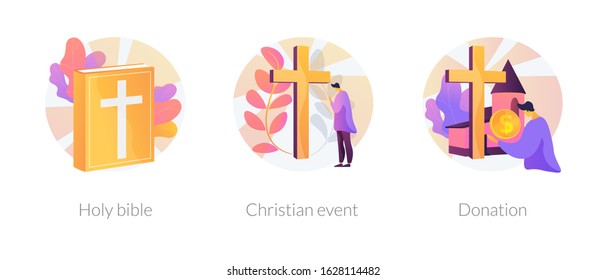 Church congregation lifestyle symbols. Sacred book, religious ceremonies and financial contribution. Holy bible, christian event, donation metaphors. Vector isolated concept metaphor illustrations