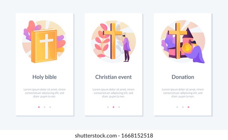 Church congregation lifestyle symbols. Sacred book, religious ceremonies and financial contribution. Holy bible, christian event, donation metaphors. Mobile app UI interface wireframe template.