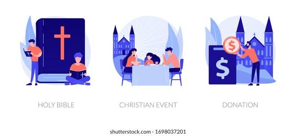 Church congregation lifestyle symbols. Sacred book, religious ceremonies and financial contribution. Holy bible, christian event, donation metaphors. Vector isolated concept metaphor illustrations