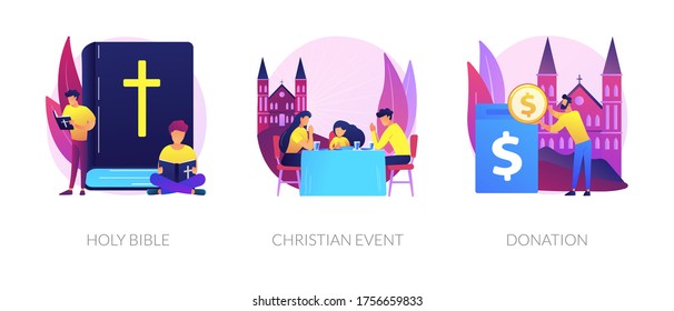 Church congregation lifestyle symbols. Sacred book, religious ceremonies and financial contribution. Holy bible, christian event, donation metaphors. Vector isolated concept metaphor illustrations