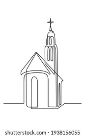 Church in continuous line art drawing style. Abstract church building with bell-tower. Minimalist black linear sketch isolated on white background. Vector illustration