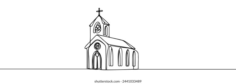 Iglesia en estilo de dibujo de arte en línea continua. Esbozo lineal negro minimalista aislado sobre fondo blanco. Ilustración de vector