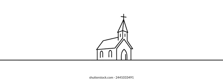 Iglesia en estilo de dibujo de arte en línea continua. Esbozo lineal negro minimalista aislado sobre fondo blanco. Ilustración de vector