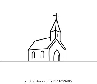 Kirche in durchgehender Linienkunstzeichnung. Minimalistische schwarze lineare Skizze auf weißem Hintergrund. Vektorgrafik