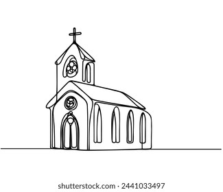 Church in continuous line art drawing style. Minimalist black linear sketch isolated on white background. Vector illustration