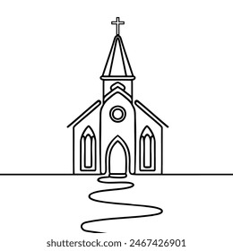 Church in continuous line art drawing style. Abstract church building with bell-tower. Vector illustration