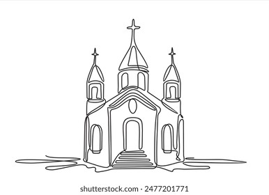 Church in continuous line art drawing style. Abstract church building with bell-tower. Minimalist black linear sketch isolated on white background. Vector illustration