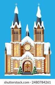 Church Covered Snow. Chapel Building in Holiday Ornament. Christmas Tree Spruce, Wreath. Happy New Year Decoration. Merry Christmas Holiday. New Year and Xmas Celebration. Flat Vector Illustration