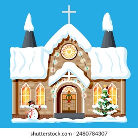 Church Covered Snow. Chapel Building in Holiday Ornament. Christmas Tree Spruce, Wreath. Happy New Year Decoration. Merry Christmas Holiday. New Year and Xmas Celebration. Flat Vector Illustration