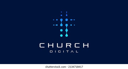 Church Cross Christian Technology Digital Connection Abstract Vector Logo Design