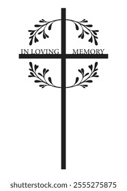 Church cross. Death and funerals vector illustration. Cross in leaves frame