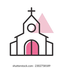 Church with cross isolated icon. Vector illustration, romance elements. Sticker, patch, badge, card for marriage, valentine