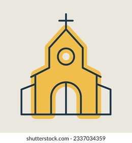 Iglesia con un icono aislado. Ilustración vectorial, elementos románticos. Pegatina, parche, insignia, tarjeta para el matrimonio, valentina