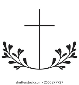 Church cross in leaves frame on white background. Death and funerals illustration.