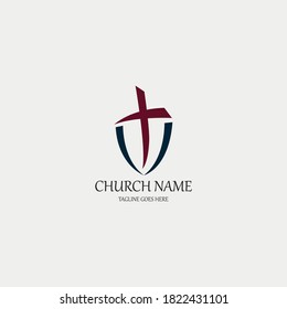 Church cross logo design template. Church shield icon. Protection concept Vector illustration