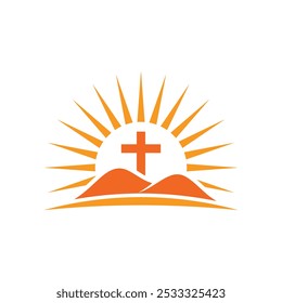 Church cross logo design vector with mountain sun