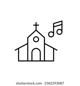 Church with cross and musical notes. Choral singing and music in worship services. Religious events. Pixel perfect vector icon