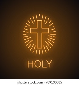 Church cross neon light icon. Glowing sign. Vector isolated illustration