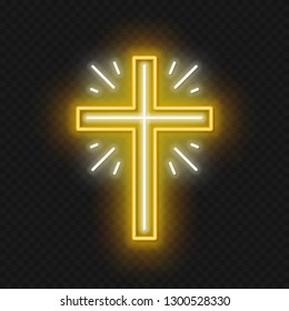 Church cross neon sign. Glowing symbol of the crucifixion.