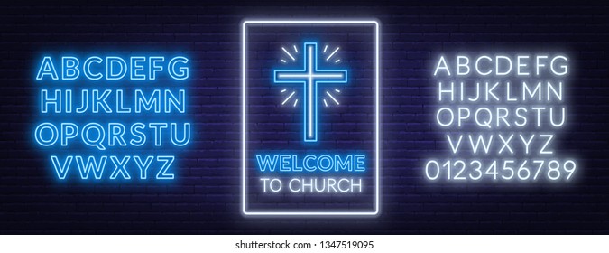 Church cross neon sign. Glowing symbol of the crucifixion with fonts. Inscription Welcome To Church.