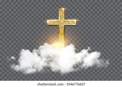 Church cross risen in heaven on transparent background. Christian golden crucifix symbol in sky with clouds and sunbeams vector illustration. Sun shining, religious holiday celebration.