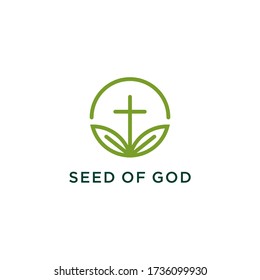 church cross and seed leaf logo design creative idea