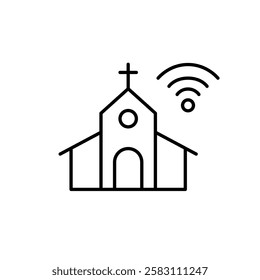 Church with cross and wi-fi symbol. Connection and digital religious presence. Pixel perfect vector icon