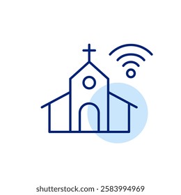 Church with cross and wi-fi symbol. Connection and digital religious presence. Pixel perfect, editable stroke icon