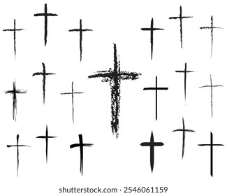 Church crosses set. Death and funerals vector illustration. Crosses in pencil texture.