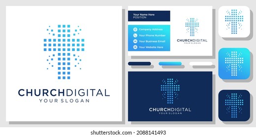 Church Digital Technology Faith Cross Network Abstract Modern Logo Design with Business Card Template