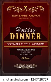 Church dinner invitation or flyer on red background, decorated with ornament and geometric elements. Vector design EPS 10.