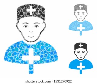 Church doctor mosaic of inequal pieces in various sizes and color hues, based on church doctor icon. Vector rough pieces are organized into mosaic. Church doctor icons collage with dotted pattern.