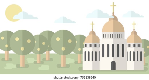 Church with domes and crosses against the backdrop of nature, forest. Vector illustration. Religion, baptism, hope.