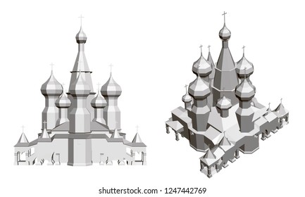 Church with domes. Detailed model of the church. Vector illustration. Front view and isometry.
