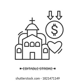 Church donation line icon. Ecclesiastical tithes. Donations for church restoration. Humanitarian assistance. Volunteering and charity concept. Isolated vector illustration. Editable stroke
