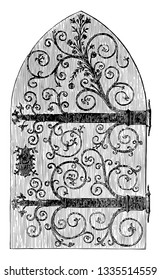 Church Door, designed, wrought, iron, work, vintage line drawing or engraving illustration