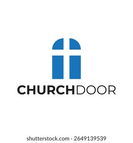 Design de logotipo de porta de igreja com símbolo cruzado, marca cristã moderna para organizações religiosas e comunidades baseadas na fé, simbolismo religioso minimalista