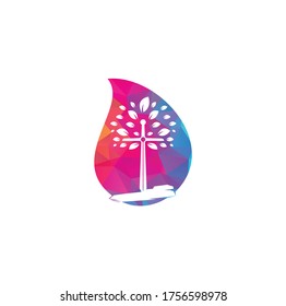 Church drop shape concept logo. Christian church cross praying tree logo. Christian Sword Church Cross logo design.	