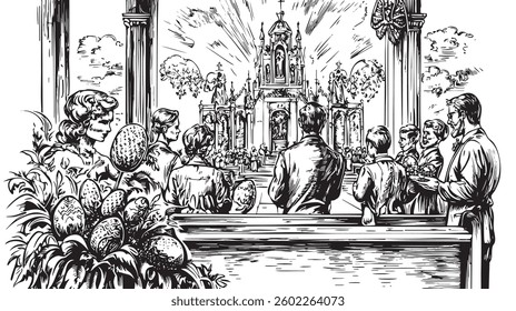 Church Easter service in intricate vintage engraving style