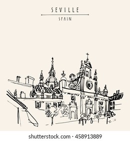 Church of El Salvador in Seville, Andalusia, Spain, Europe. Spanish historical building, Baroque style, 17-18th century.Travel sketch. Handdrawn book illustration, touristic postcard or poster. Vector