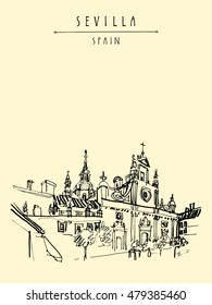 Church of El Salvador in Seville, Andalusia, Spain, Europe. Spanish historical building, Baroque style, 17-18th century.Travel sketch. Handdrawn book illustration, touristic postcard or poster. Vector