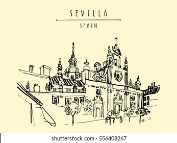 Church of El Salvador in Seville, Andalusia, Spain, Europe. Spanish historical building, Baroque style, 17-18th century.Travel sketch. Handdrawn book illustration, touristic postcard or poster. Vector